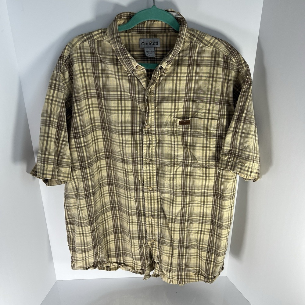 Vintage Carhartt Button Front Y2K Men's XL Yellow Plaid Distressed S/S Shirt